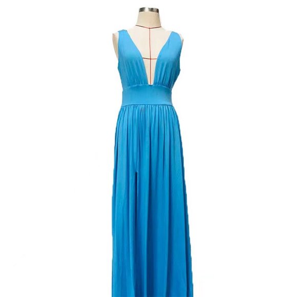 Bridesmaid Dresses Deep V-Neck High Leg Slit Sleeveless Pleated Dress Blue Satin - Picture 3 of 6